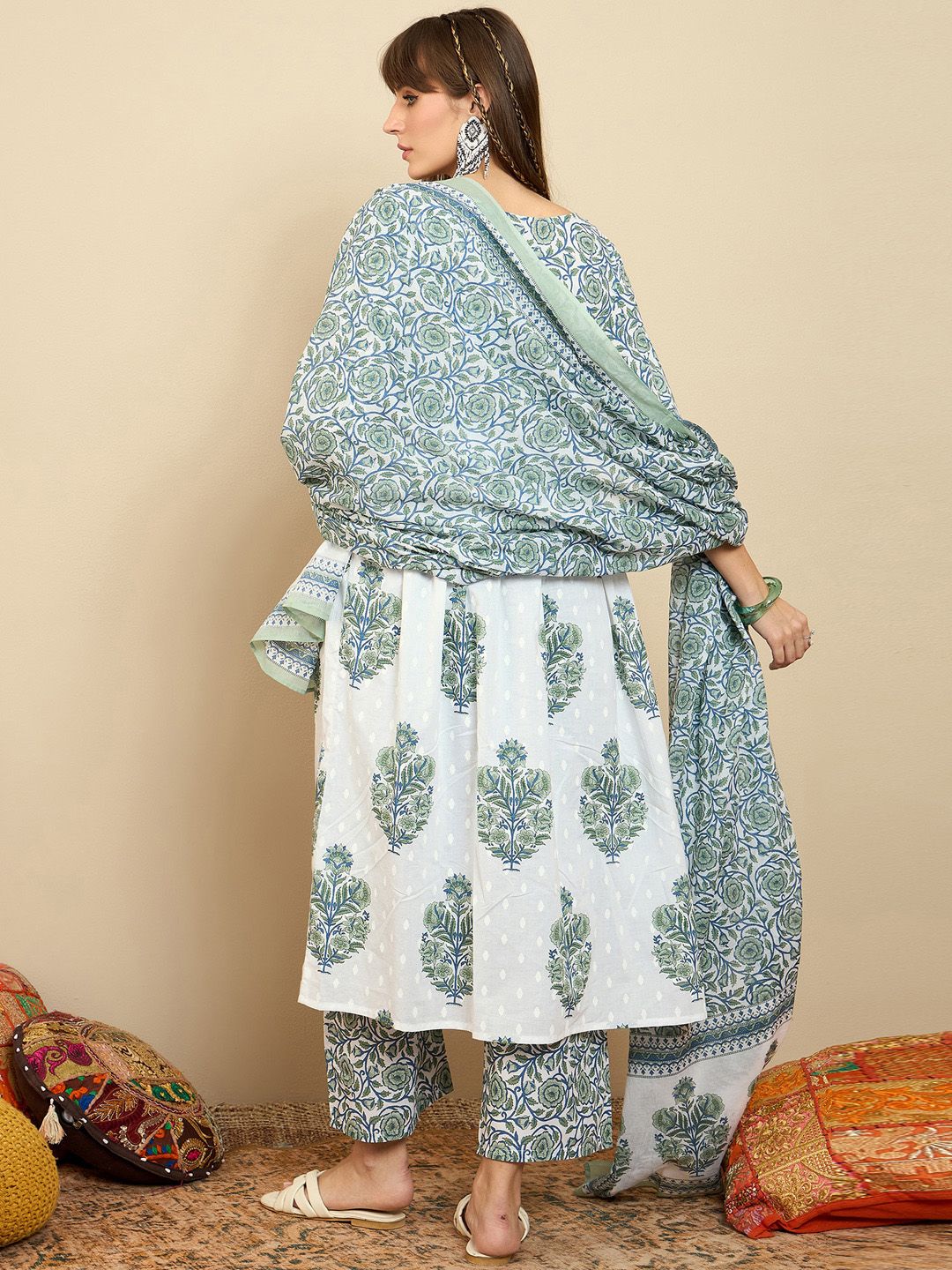 Indyancart IE Floral Printed Empire A-Line Pure Cotton Kurta with Palazzos & Dupatta