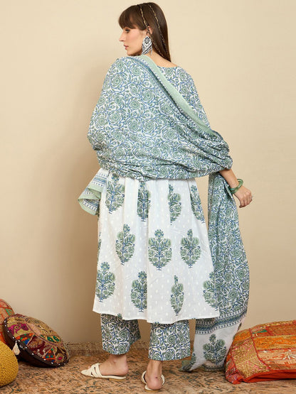 Indyancart IE Floral Printed Empire A-Line Pure Cotton Kurta with Palazzos & Dupatta