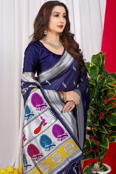 Indyancart GR Women's Chandramukhi Navy Zari Paithani Silk Saree