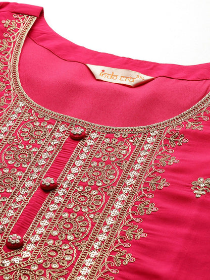 Indyancart Women's Plus Size Ethnic Motifs Embroidered Sequinned Kurta with Trousers & With Dupatta