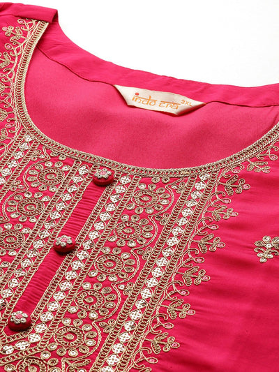 Dhiyona Women's Plus Size Ethnic Motifs Embroidered Sequinned Kurta with Trousers & With Dupatta