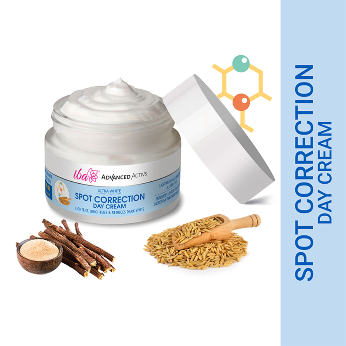 Iba Advanced Activs Ultra White Spot Correction Day Cream jar with white and blue packaging on a white background.