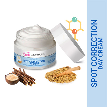 Iba Advanced Activs Ultra White Spot Correction Day Cream jar with white and blue packaging on a white background.