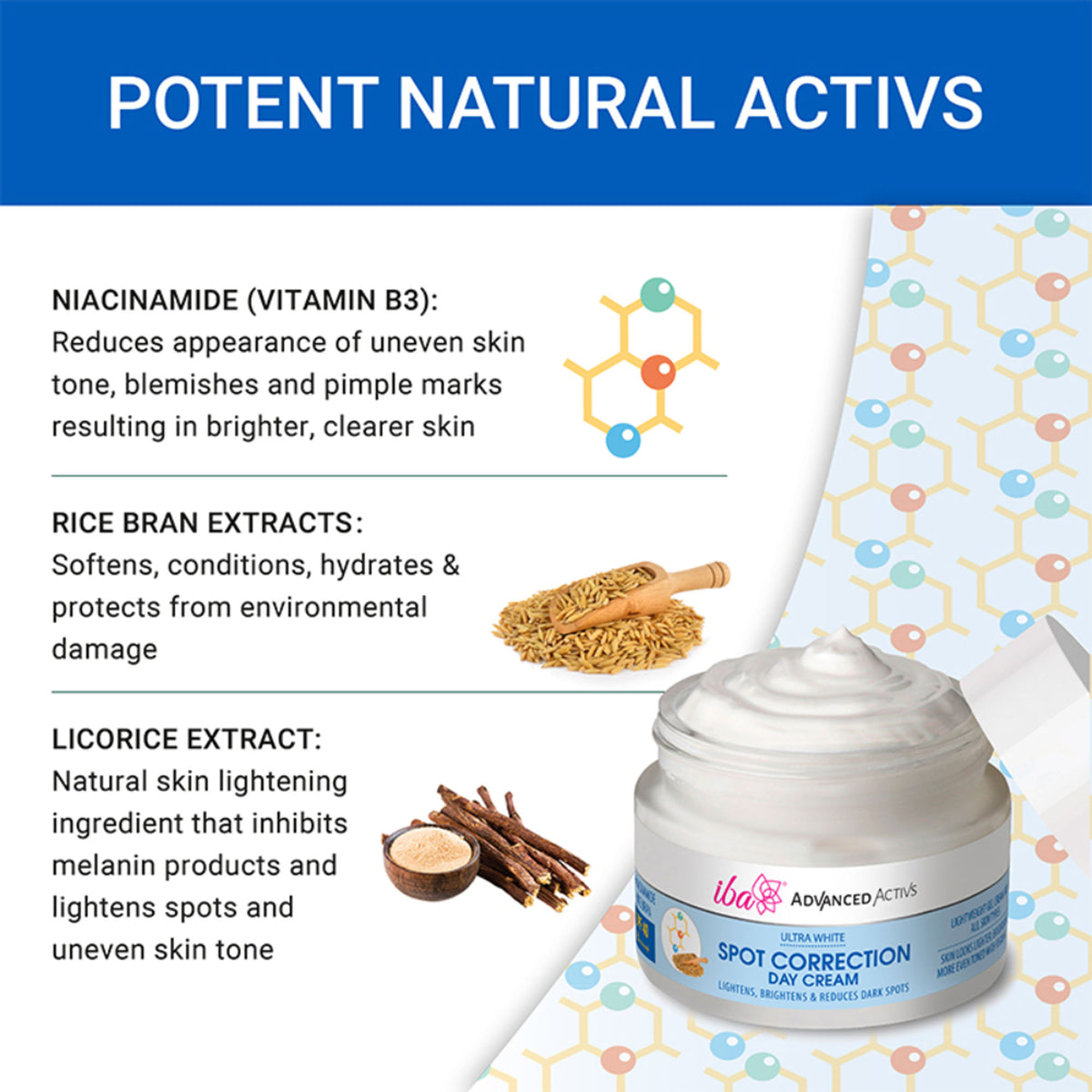 Iba Advanced Activs Ultra White Spot Correction Day Cream jar with blue and white packaging, designed to improve skin brightness and clarity.