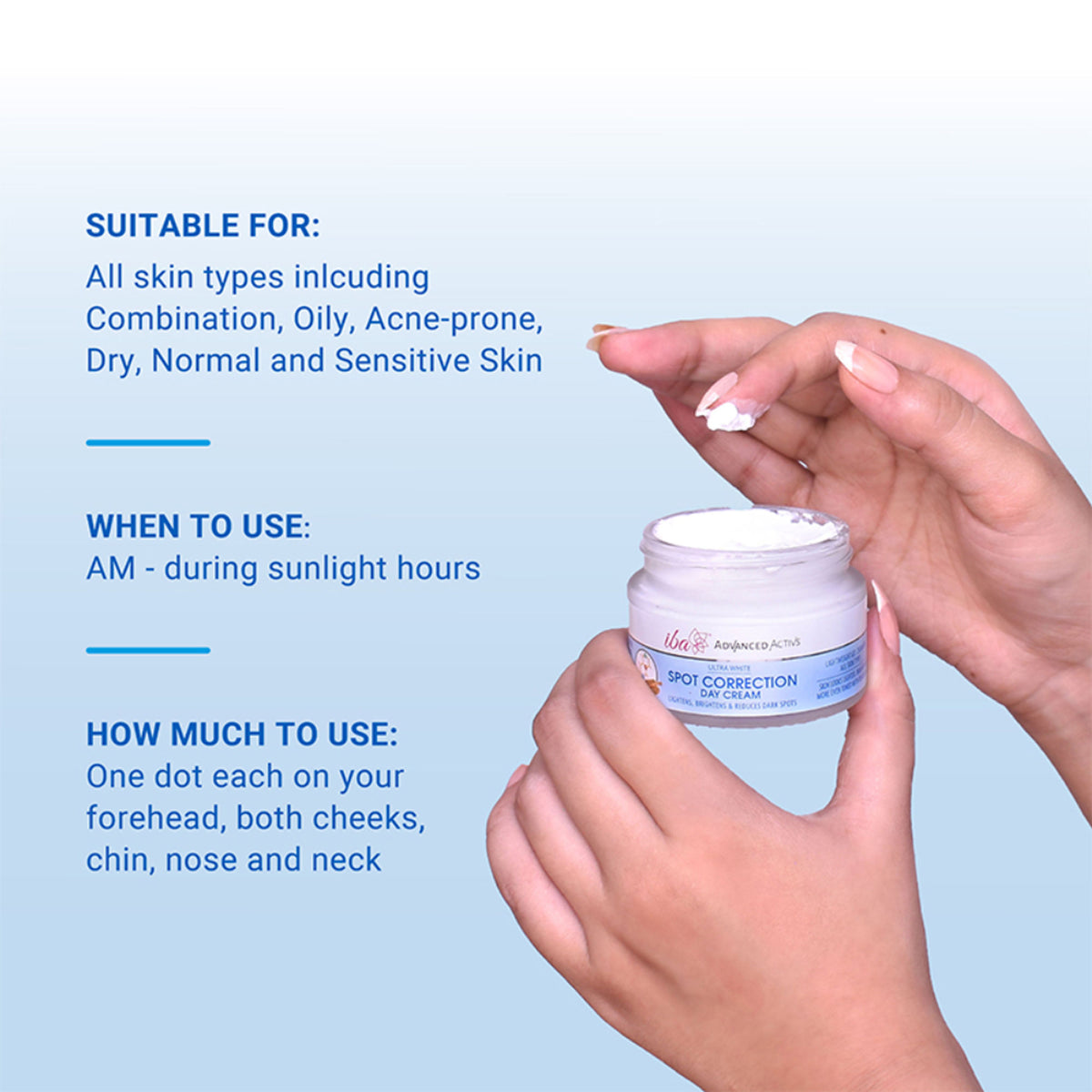 Iba Advanced Activs Ultra White Spot Correction Day Cream jar with branding and product label visible.