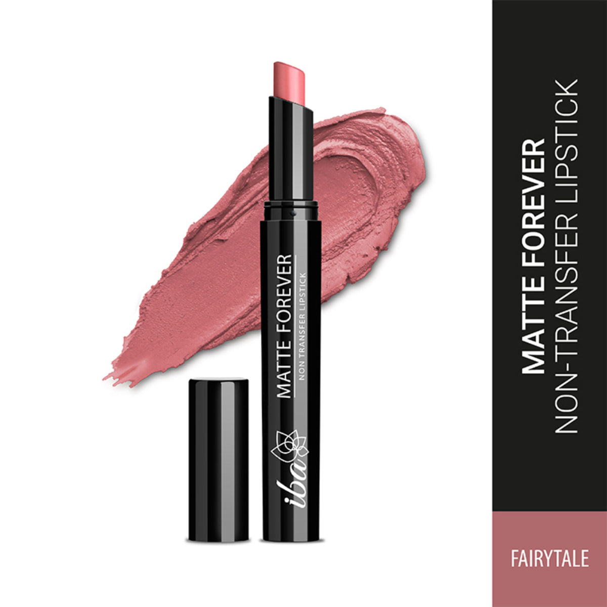 Iba Matte Forever Non-Transfer Lipstick in shade 01 Fairytale, featuring a smooth, matte finish in a creamy lipstick bullet.