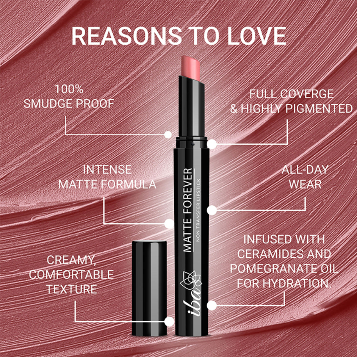 Iba Matte Forever Non-Transfer Lipstick in shade 01 Fairytale, featuring a smooth, matte lipstick bullet in a sleek tube.