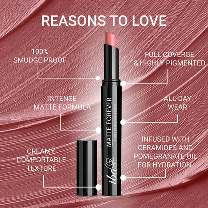 Iba Matte Forever Non-Transfer Lipstick in shade 01 Fairytale, featuring a smooth, matte lipstick bullet in a sleek tube.
