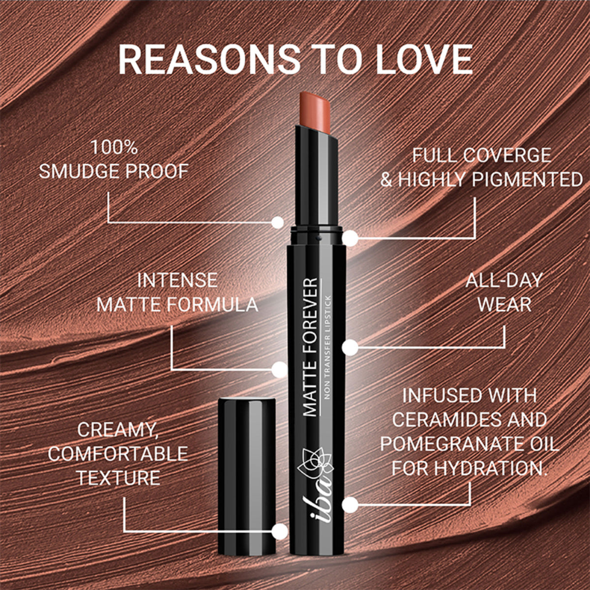 Iba Matte Forever Non-Transfer Lipstick in shade 05 Mocha Love, creamy lipstick in a sleek tube, showcased open with swatch on skin.