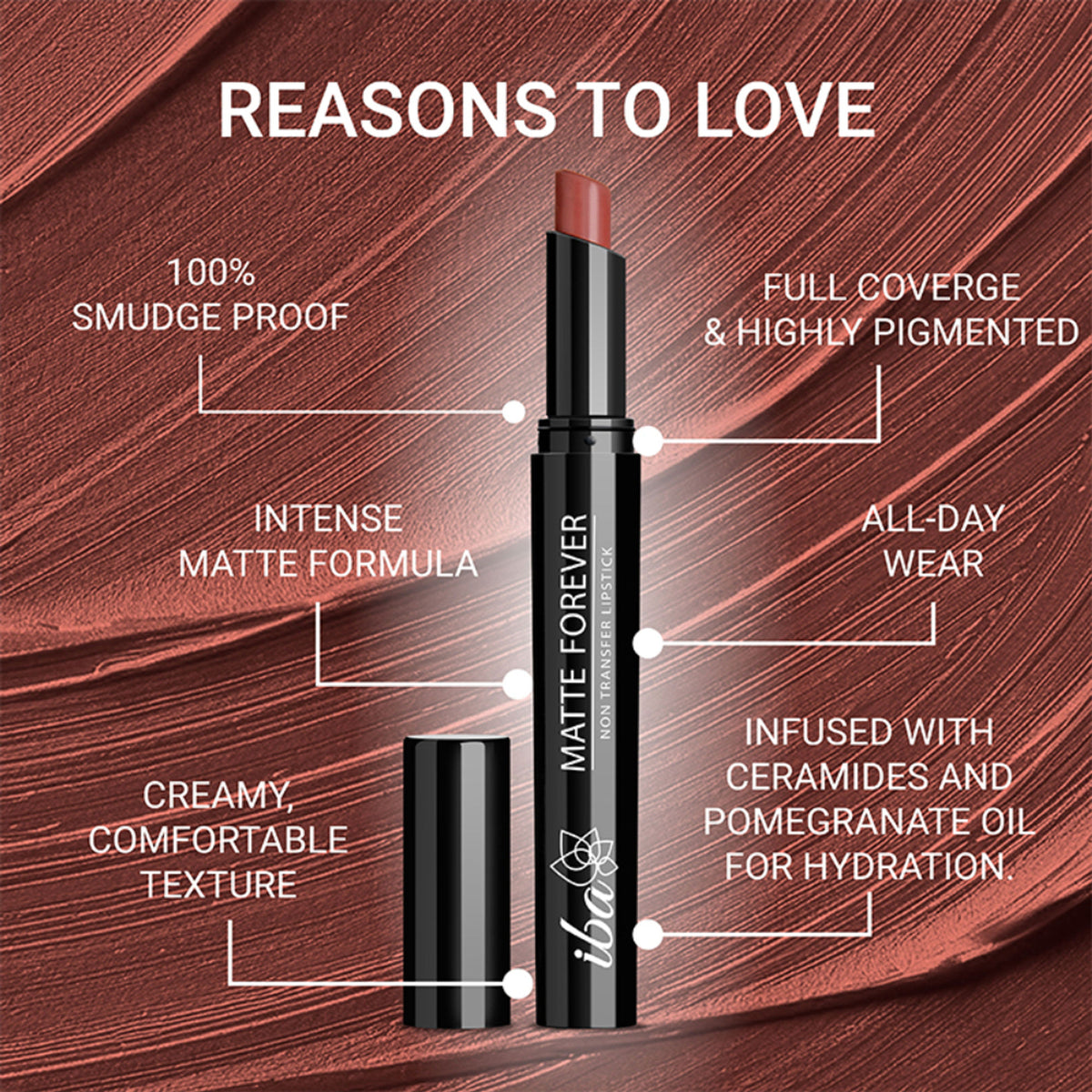 Iba Matte Forever Non-Transfer Lipstick in shade 10 One Only, with sleek packaging and the lipstick visible in the image.