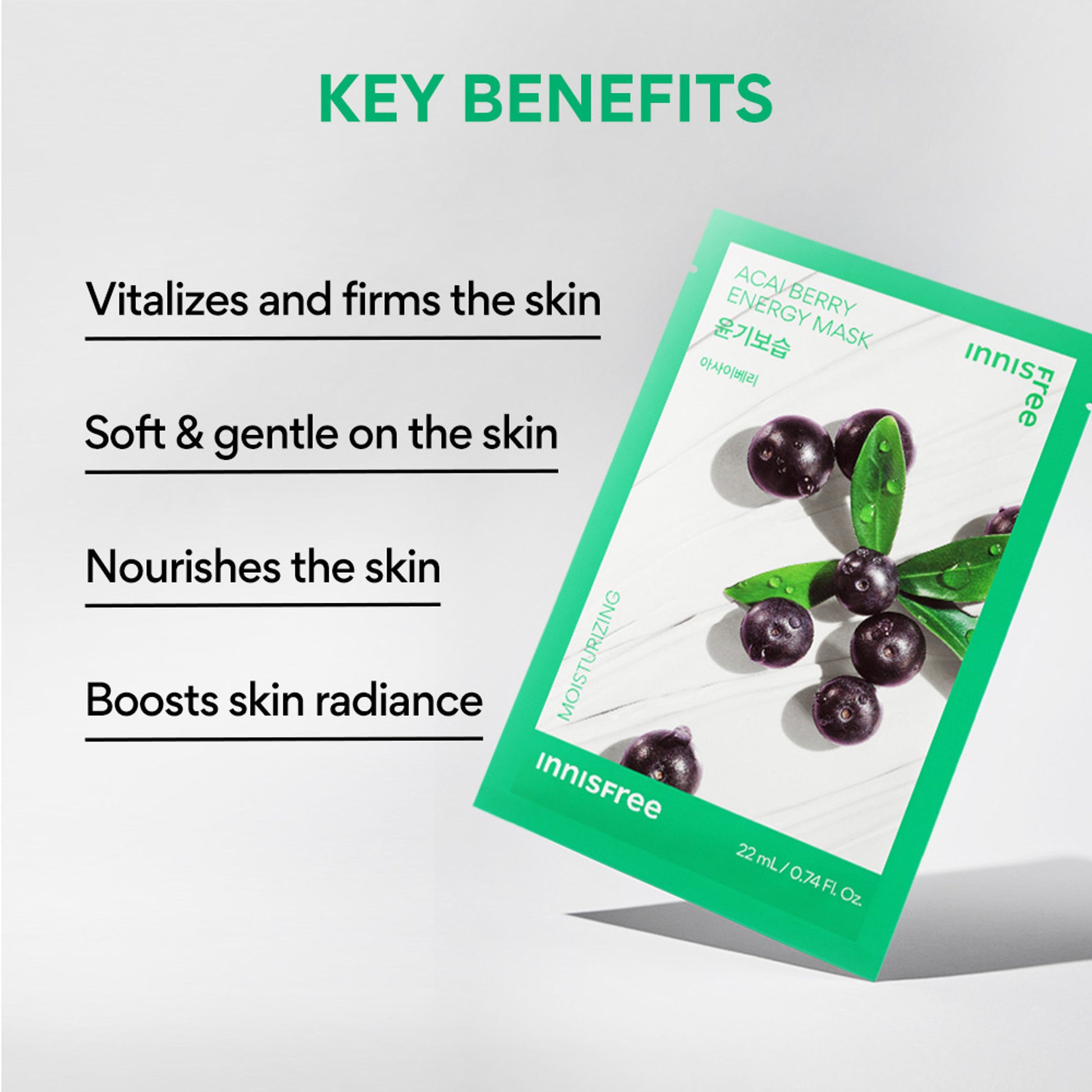 Innisfree Soothing Energy Sheet Mask Heartleaf - Calms Sensitive Skin - Acai Berry