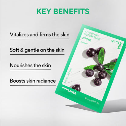 Innisfree Soothing Energy Sheet Mask Heartleaf - Calms Sensitive Skin - Acai Berry