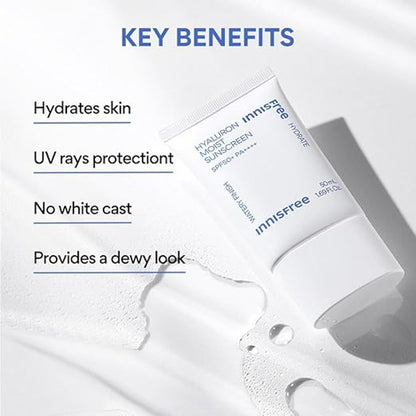 Innisfree Hyaluron Moist Sunscreen SPF 50+ PA++++, No White Cast, Watery Finish