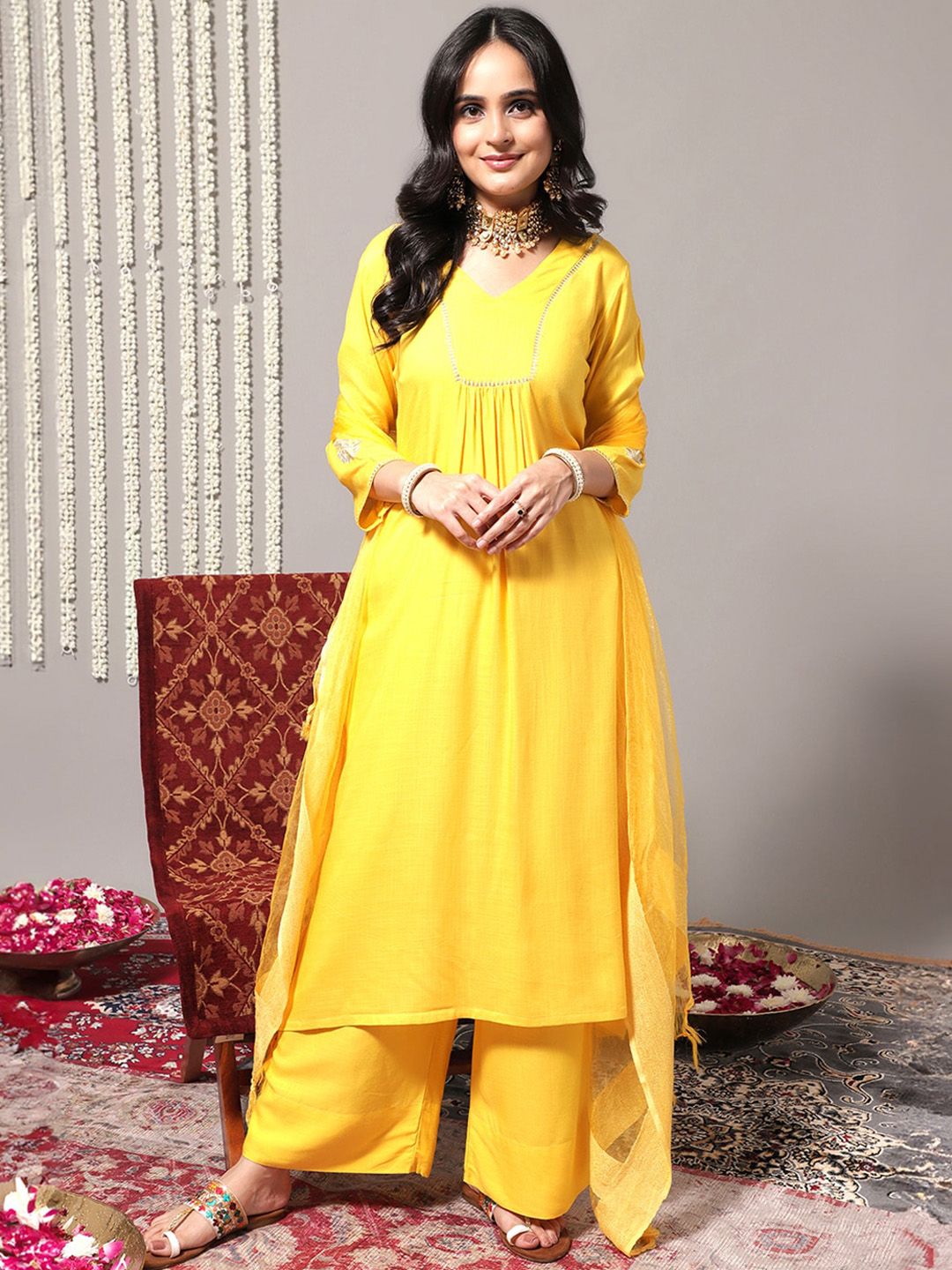 Indyancart VA Women'sV-Neck A-Line Pleated Kurta with Palazzos & With Dupatta