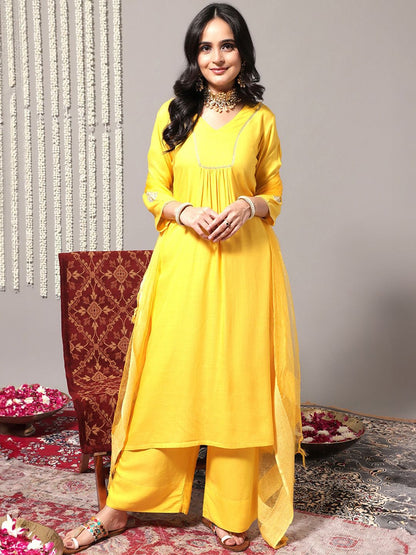 Indyancart VA Women'sV-Neck A-Line Pleated Kurta with Palazzos & With Dupatta
