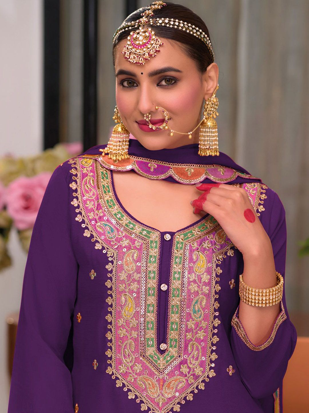 Floral Embroidered Sequinned Chinon Straight Kurta With Palazzos & Dupatta