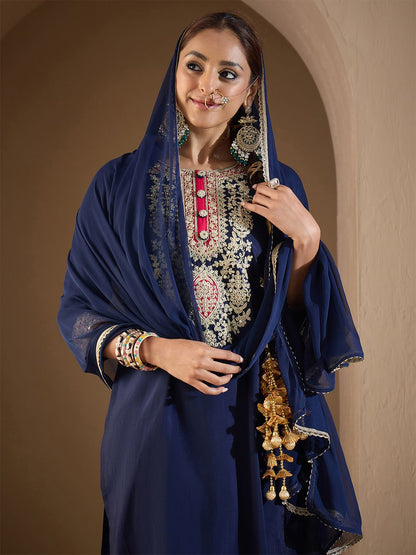 Indyancart IE Women Ethnic Motifs Yoke Design Regular Kurta with Trousers & Dupatta