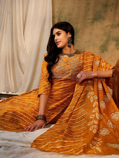 Indyancart IE Leheriya Printed Regular Pure Cotton Kurta With Trousers & Dupatta