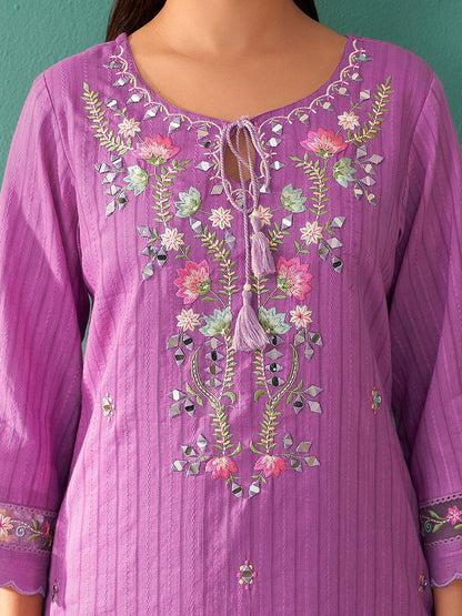 Women Floral Embroidered Regular Mirror Work Pure Cotton Kurta with Trousers & With Dupatta