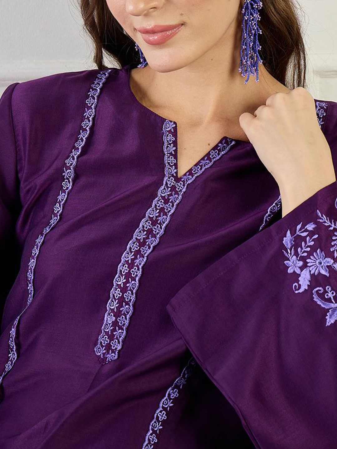 Indyancart IE Embroidered Straight Tunic With Trousers Co-Ords