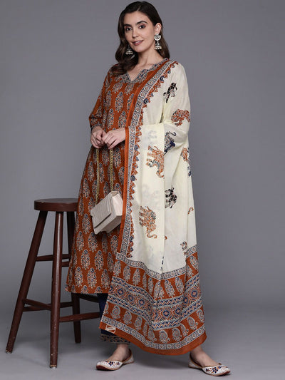 Indyancart IE Women Ethnic Motifs Printed Pure Cotton Kurta with Trousers & With Dupatta