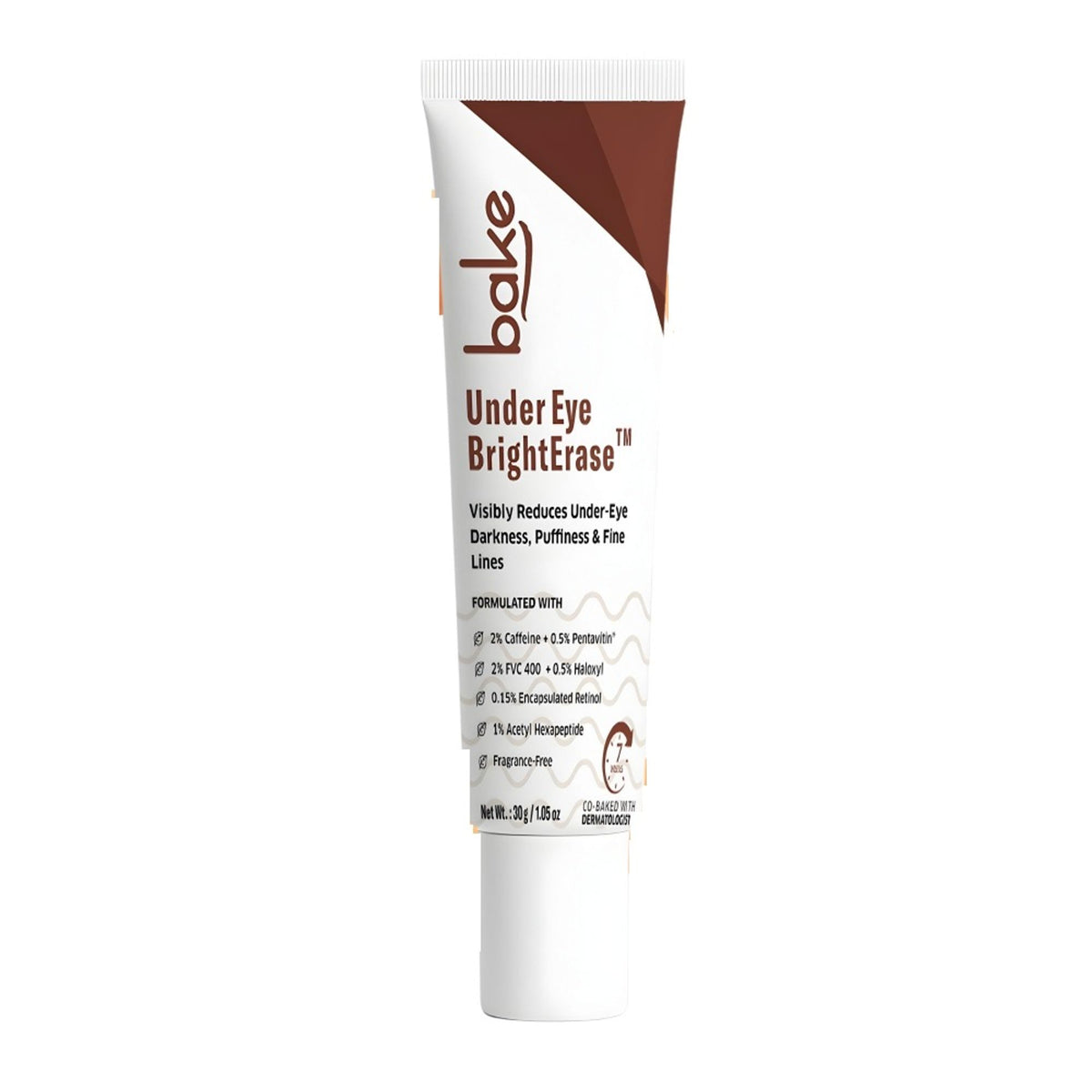 BAKE BrightErase under eye cream with 2% caffeine to reduce dark circles, puffiness, and fine lines, shown in the image.