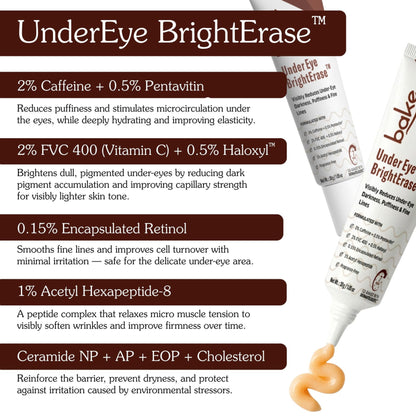BAKE BrightErase Under Eye Cream with 2% Caffeine showing the tube and applicator for reducing dark circles and puffiness
