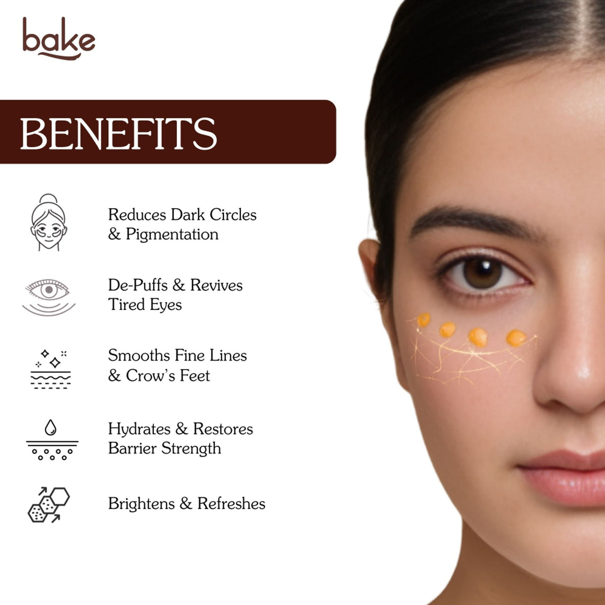BAKE BrightErase under eye cream with 2% caffeine for reducing dark circles, puffiness, and fine lines in a sleek bottle.