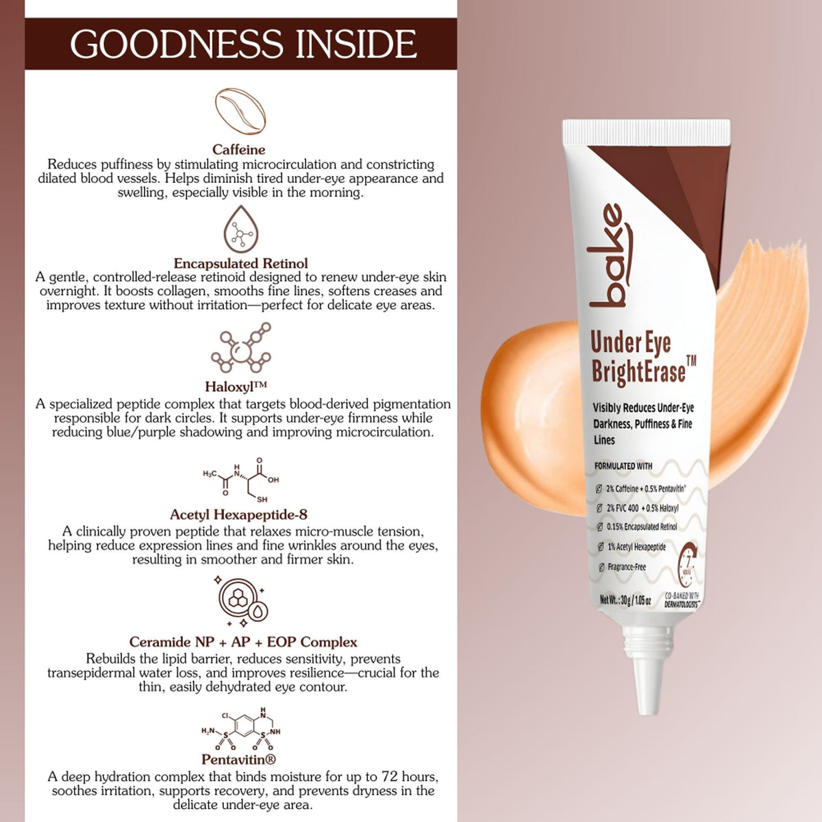 BAKE BrightErase under eye cream with 2% caffeine to reduce dark circles, puffiness, and fine lines, shown in a sleek tube.