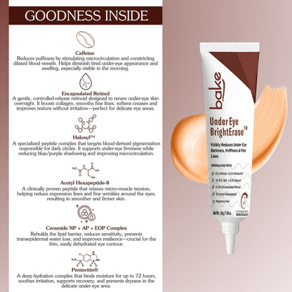 BAKE BrightErase under eye cream with 2% caffeine to reduce dark circles, puffiness, and fine lines, shown in a sleek tube.