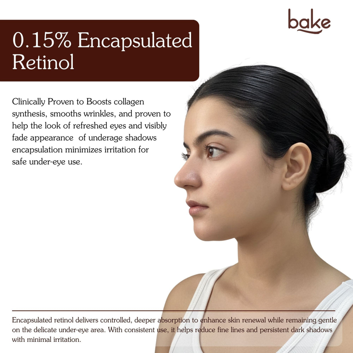 BAKE BrightErase Under Eye Cream with 2% caffeine reduces dark circles, puffiness, and fine lines in a sleek tube.