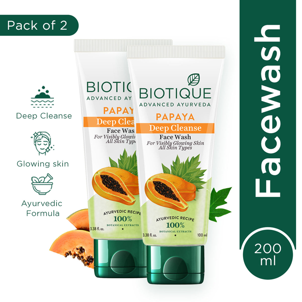 Biotique Bio Papaya Face Wash for all skin types, pack of 2, with natural ingredients and fresh appearance.