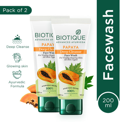 Biotique Bio Papaya Face Wash for all skin types, pack of 2, with natural ingredients and fresh appearance.