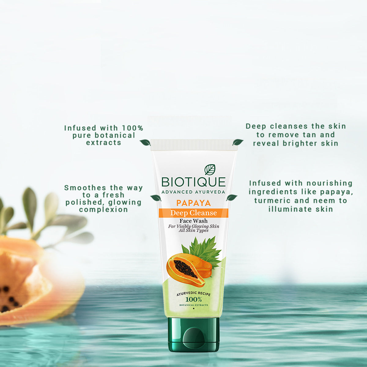Biotique Bio Papaya Face Wash for all skin types in a pack of two, showing the tube with papaya extract and fresh ingredients.