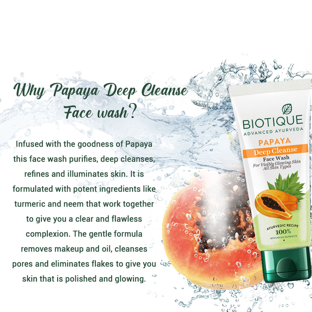 Biotique Bio Papaya Face Wash for all skin types, 2-pack, showing the tube with papaya extract and clear gel formula.
