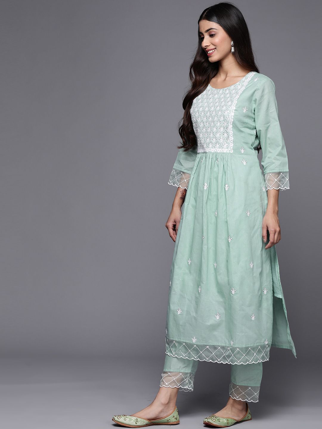 Indyancart VA Women's Floral Embroidered Sequinned Pure Cotton Kurta Set