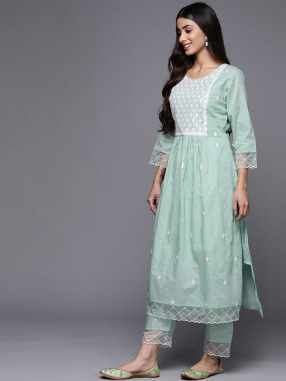 Indyancart VA Women's Floral Embroidered Sequinned Pure Cotton Kurta Set