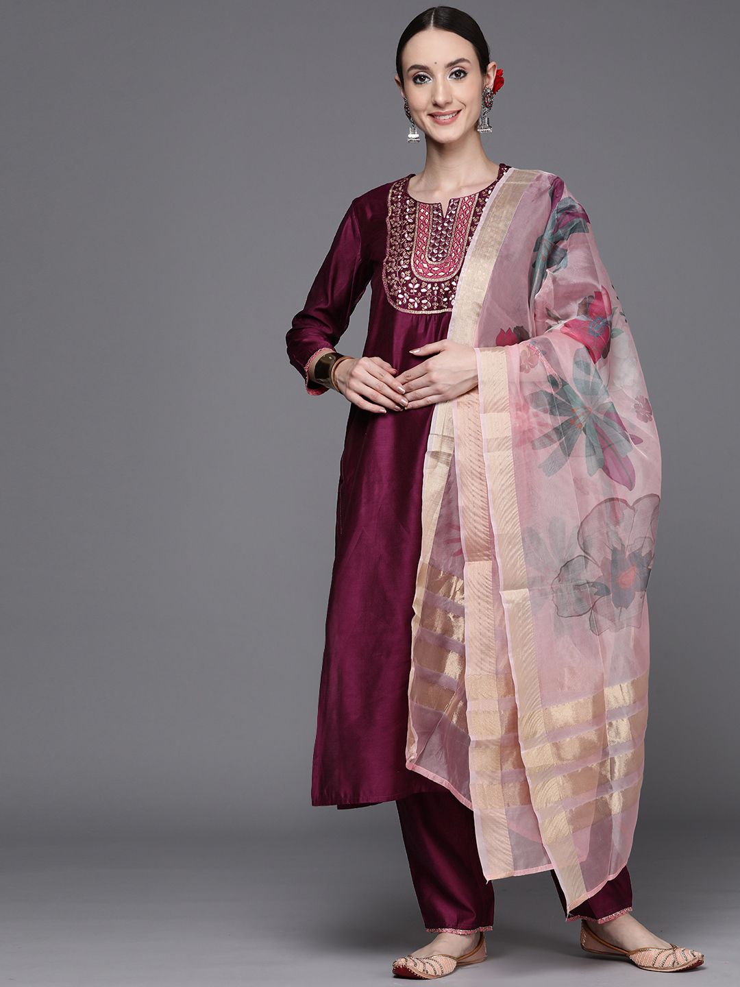 Indyancart IE Women Purple Embroidered Sequinned Liva Kurta with Trousers & With Dupatta