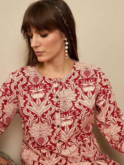 Indyancart IE Floral Printed Round Neck Straight Kurta