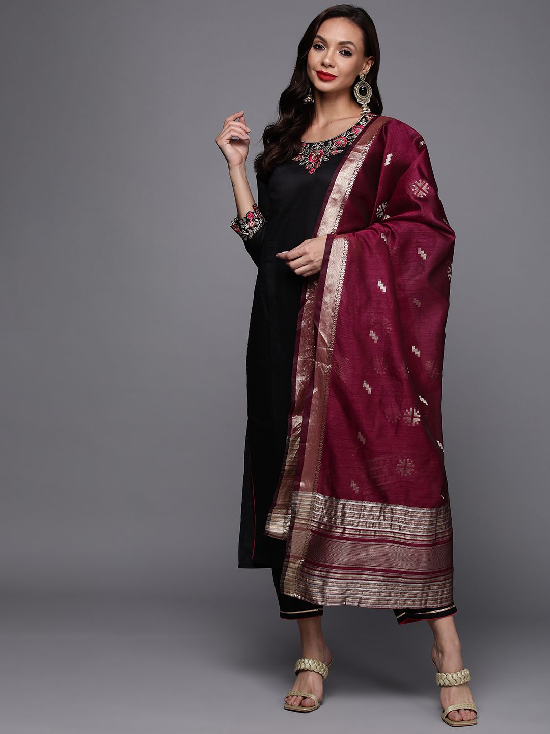 Dhiyona IE Women Black Embroidered Sequinned Liva Kurta with Trousers & Dupatta