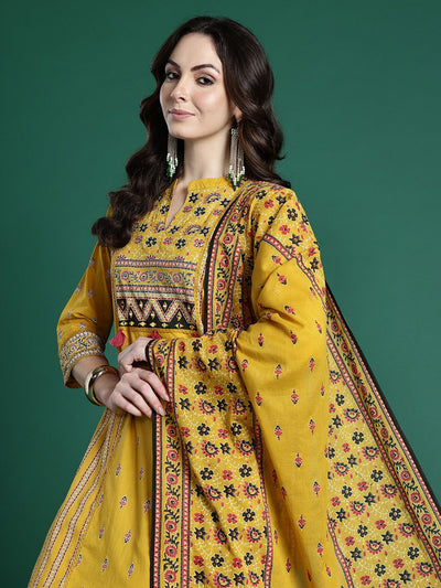 Indyancart IE Ethnic Motifs Printed Pure Cotton Kurta with Trousers & Dupatta