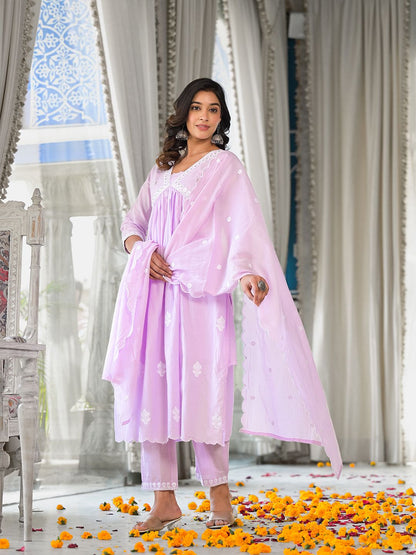 Dhiyona VA Women's Floral Embroidered Empire Thread Work Pure Cotton Kurta with Trousers & With Dupatta