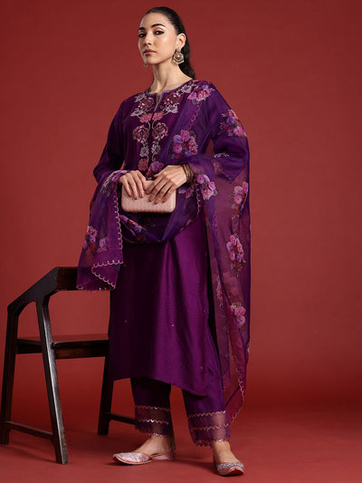Indyancart IE Floral Embroidered Sequinned Liva Kurta With Trousers & Dupatta