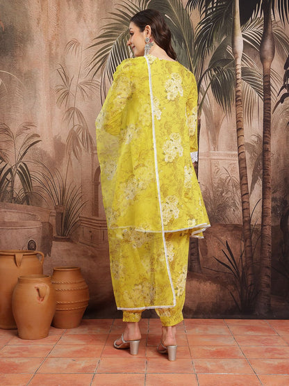 Indyancart SN Women's Floral Print Thread Work Kurta with Salwar & Dupatta