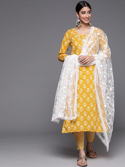 Indyancart VA Women's Mustard Yellow Ethnic Motifs Printed Sequinned Pure Cotton Kurta with Trousers & With Dupatta