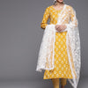 Indyancart VA Women's Mustard Yellow Ethnic Motifs Printed Sequinned Pure Cotton Kurta with Trousers & With Dupatta