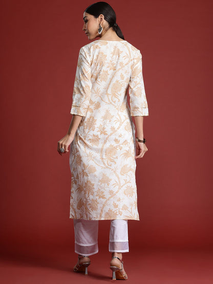 Dhiyona IE Women Floral Printed Keyhole Neck Pure Cotton Kurta