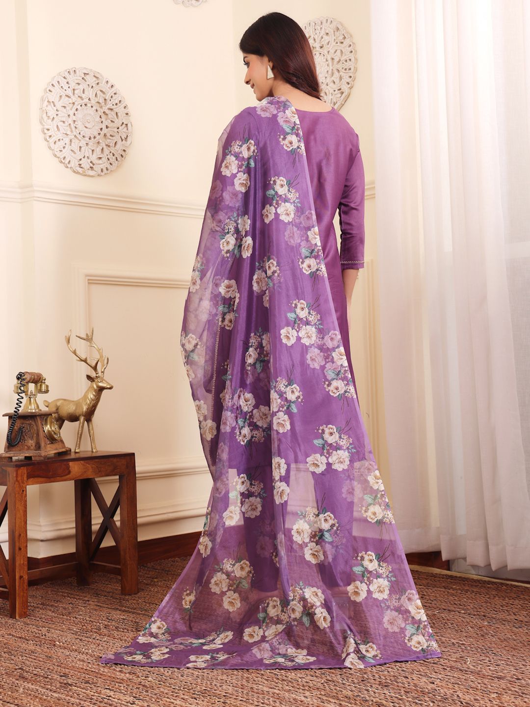 Dhiyona VA Women's Floral Printed Regular Beads and Stones Kurta with Trouser & Dupatta