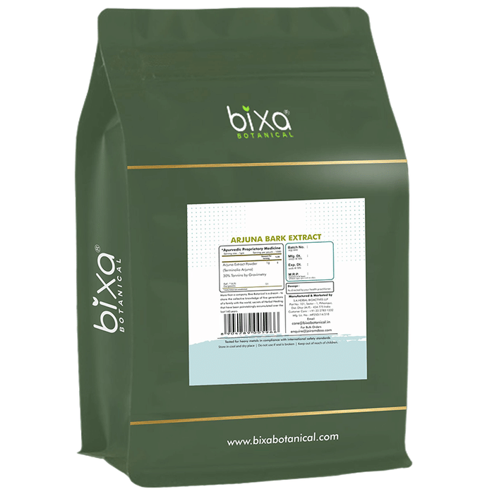 Bixa Botanical Arjuna Bark Extract powder with 30% tannins, Ayurvedic herbal supplement in a resealable pouch.