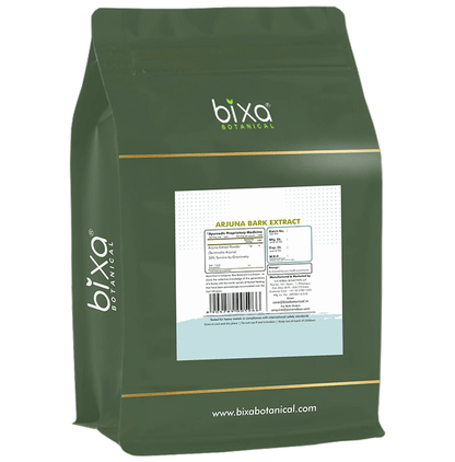Bixa Botanical Arjuna Bark Extract powder with 30% tannins, Ayurvedic herbal supplement in a resealable pouch.